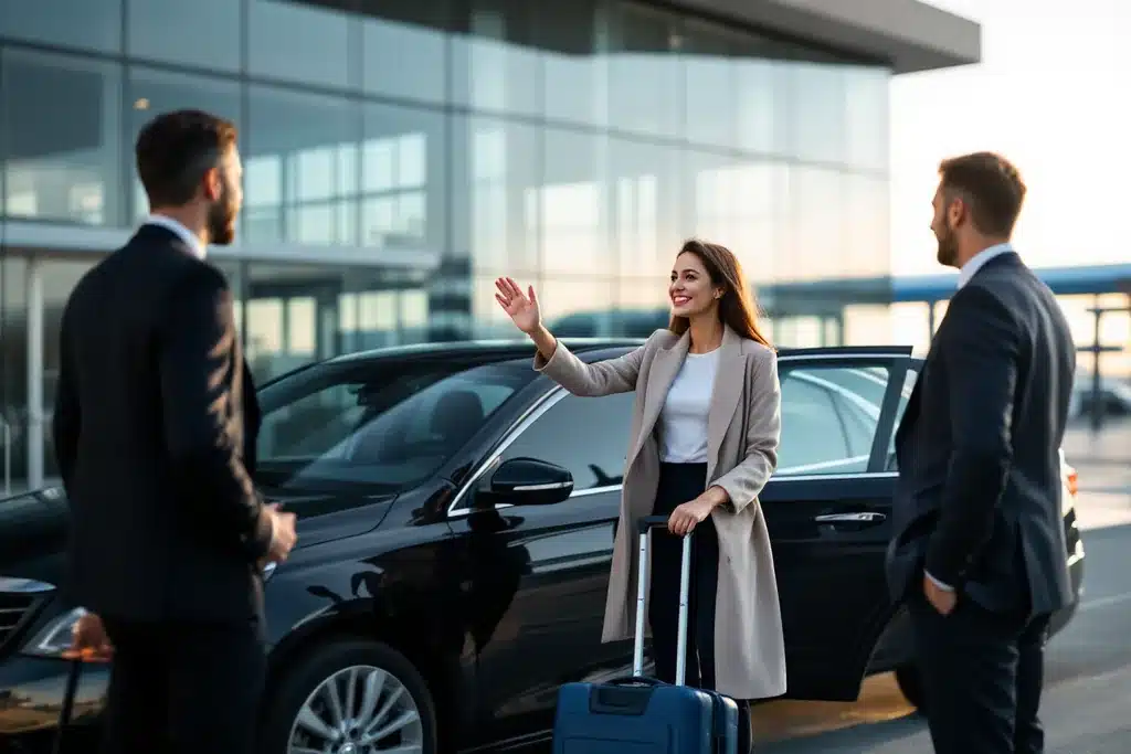 Voyageuse qui fait signe à son chauffeur VTC devant le terminal de l'aéroport de Bordeaux-Mérignac