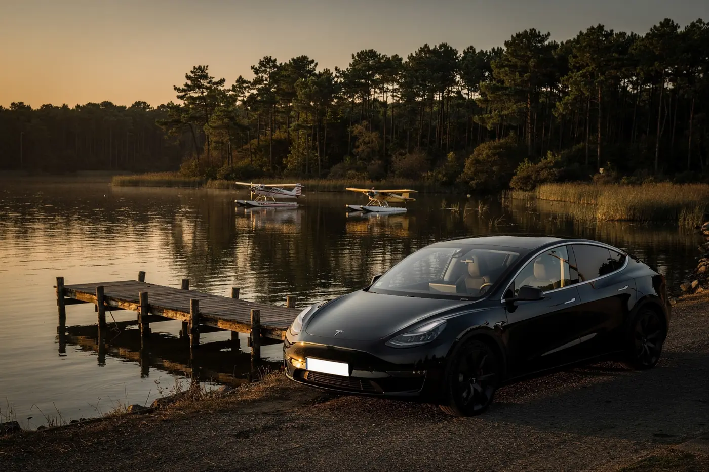 VTC Biscarrosse, berline noire au bord du lac, des hydravions sur l'eau