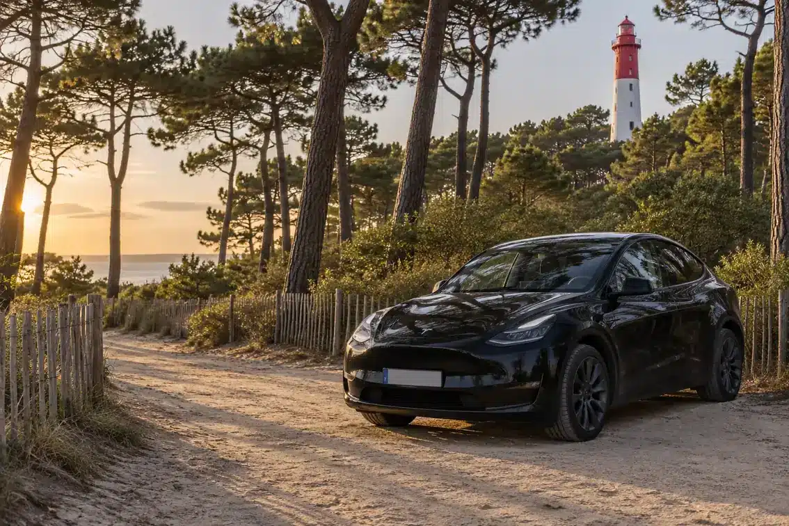 VTC Bordeaux Cap Ferret, berline noire près du phare du Cap Ferret