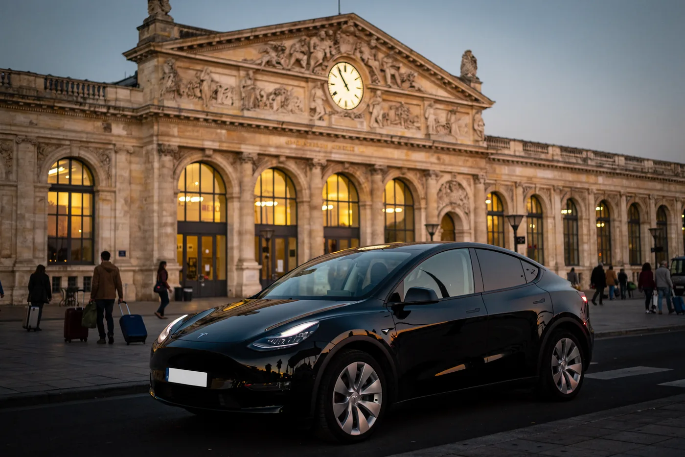 VTC gare Saint-Jean Bordeaux, berline noire devant la gare à la tombée de la nuit