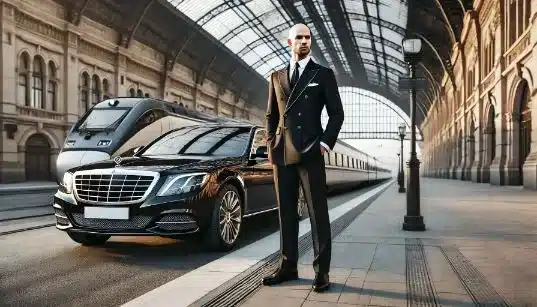 Chauffeur VTC en costume qui attend son client sur le quai de la gare, à côté de la berline noire