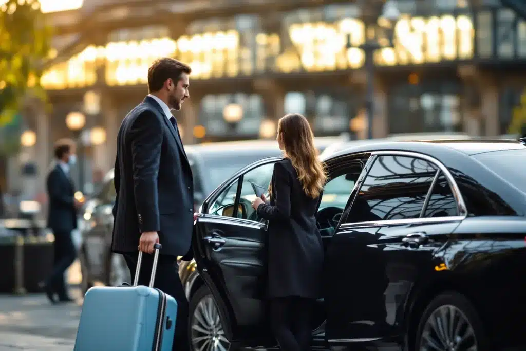 Chauffeur VTC qui ouvre la portière de la berline noire à une voyageuse, devant la gare