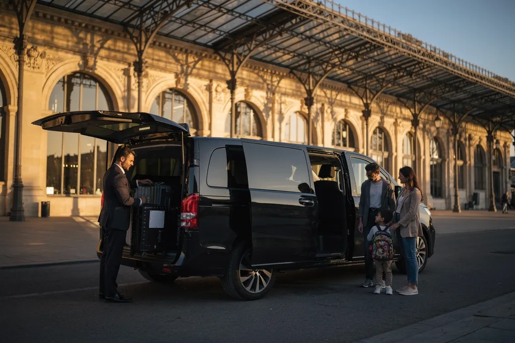 Chauffeur VTC qui charge les valises dans le van noir devant la gare Saint-Jean, pendant que la famille attend