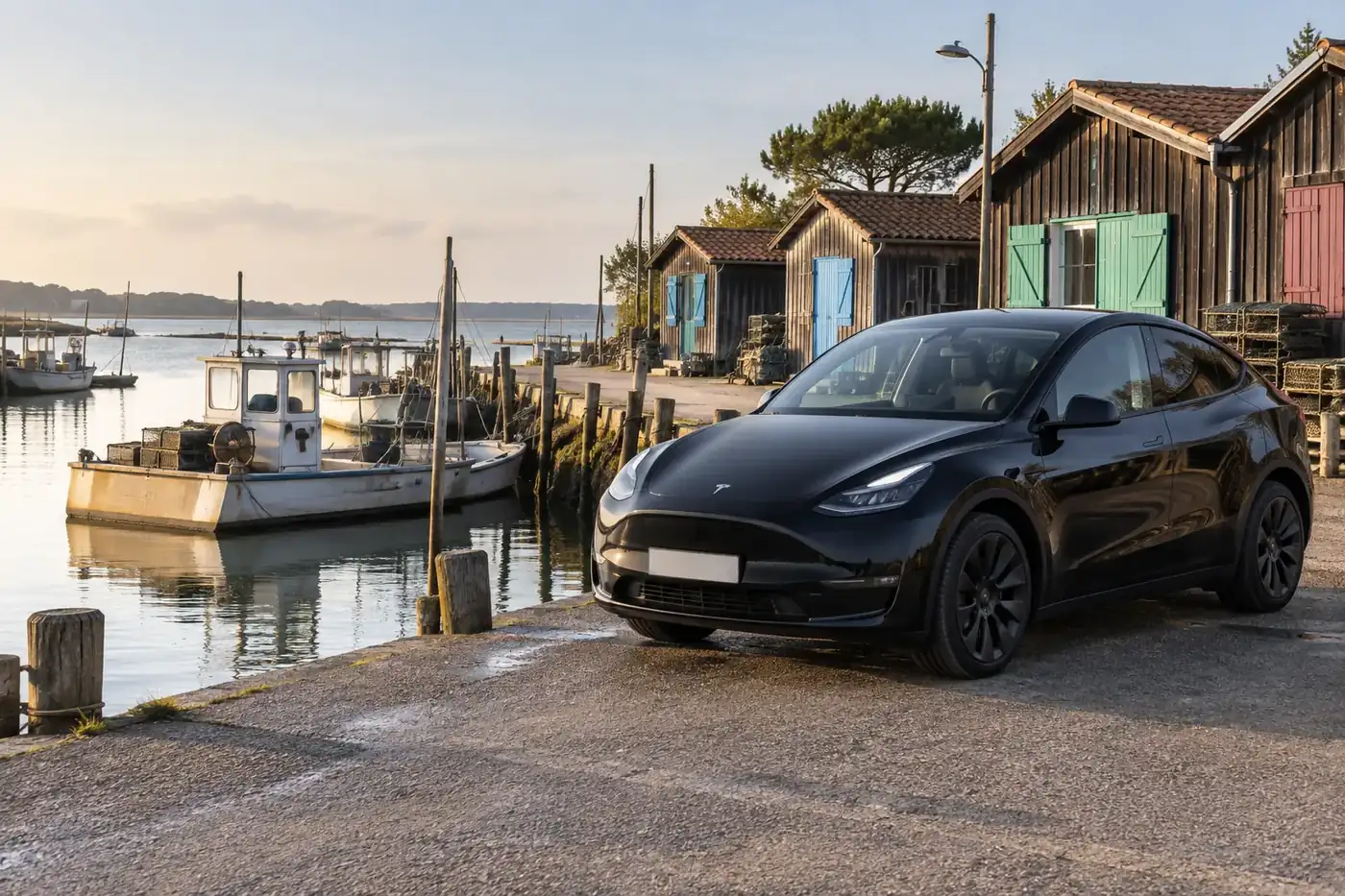 VTC Gujan-Mestras, berline noire sur le port ostréicole du bassin d'Arcachon