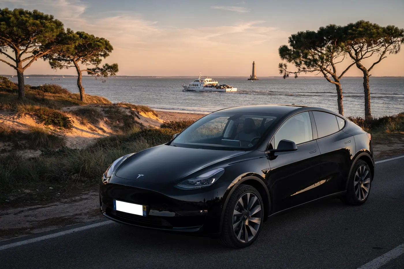VTC Le Verdon-sur-Mer, berline noire à la pointe de Grave, avec le bac de l'estuaire au loin