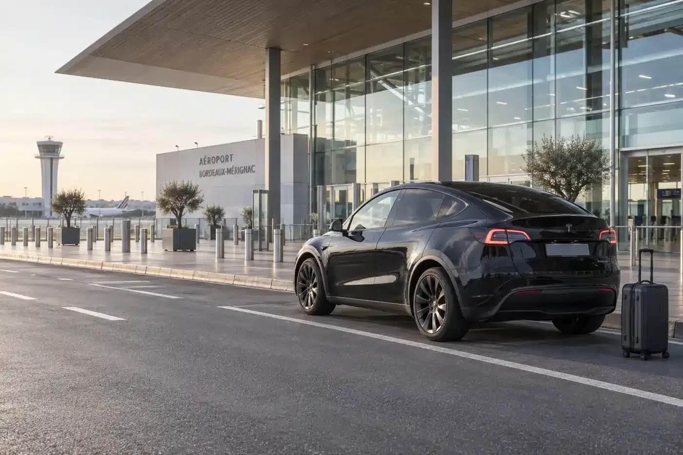 VTC Mérignac, berline noire devant le terminal de l'aéroport de Bordeaux-Mérignac