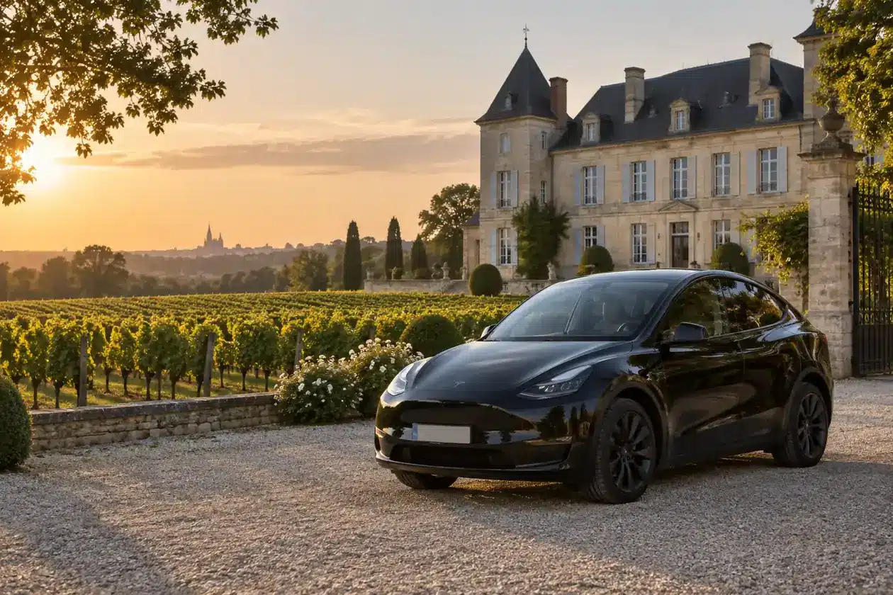 VTC Pessac, berline noire devant un château viticole de Pessac-Léognan