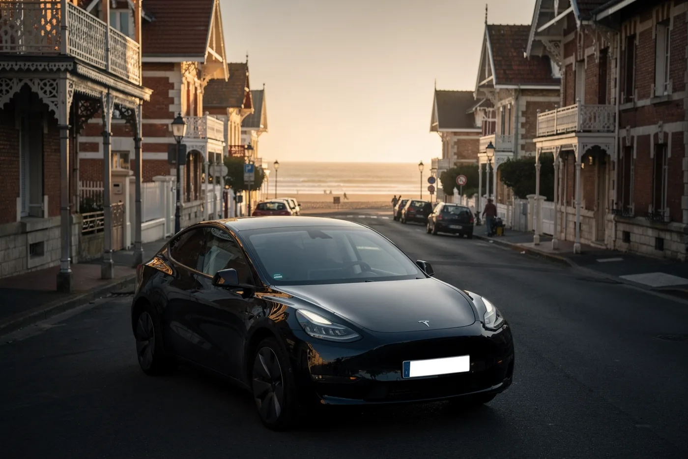 VTC Soulac-sur-Mer, berline noire dans une rue de villas soulacaises, la plage au bout