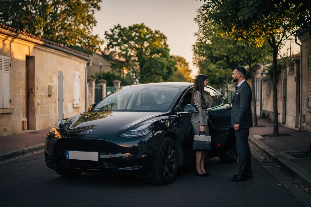 Chauffeur VTC qui tient la portière arrière de la berline noire pour une cliente, dans une rue d'échoppes de Talence