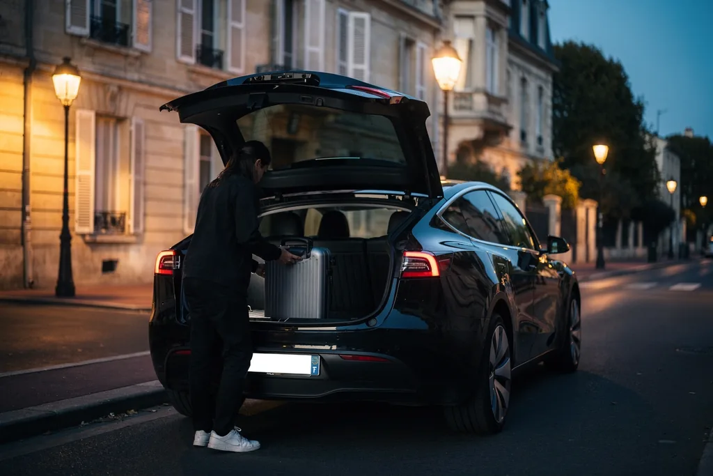 Valise rangée dans le coffre de la berline noire à Talence, à l'aube, avant un départ pour l'aéroport de Mérignac