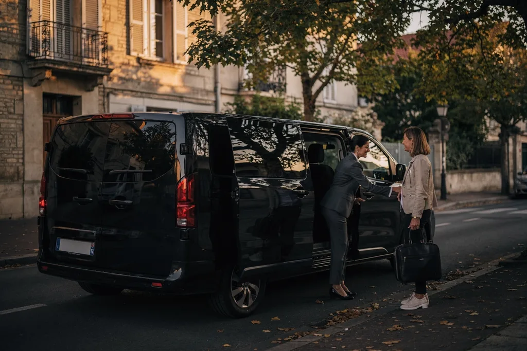 Chauffeuse VTC qui accueille sa passagère à la portière du van noir, dans une avenue de Talence
